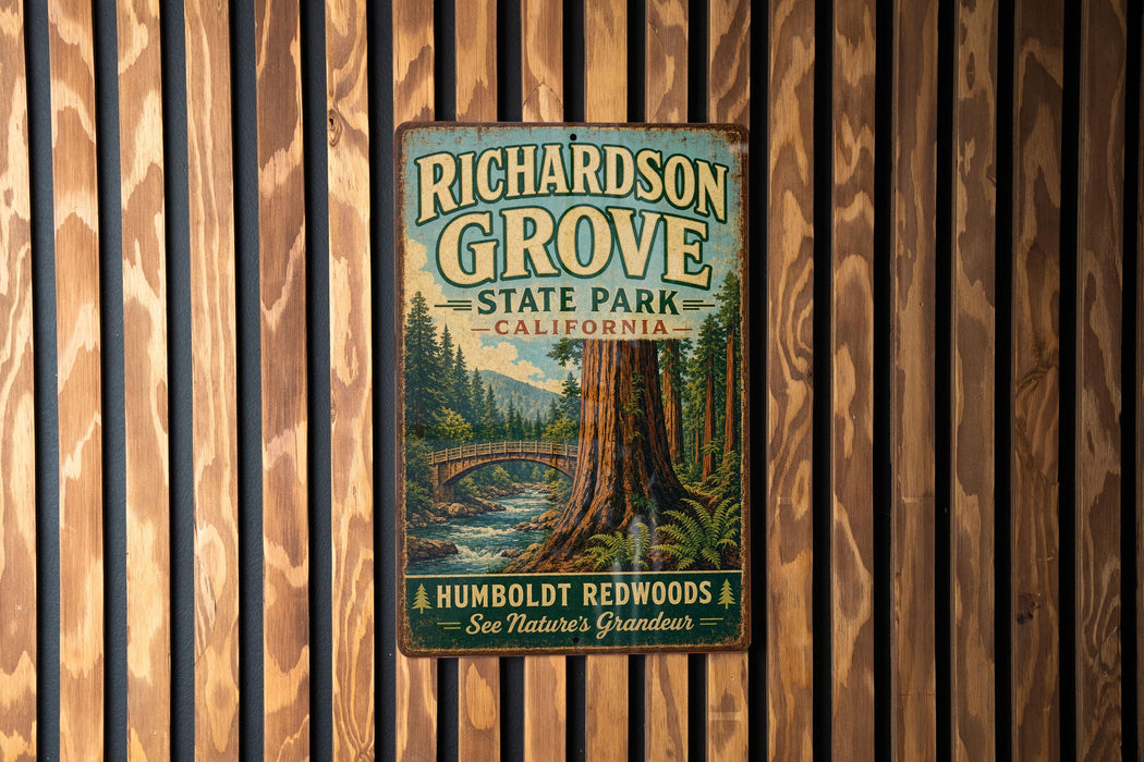 A vintage metal sign for Richardson Grove State Park in California, featuring a scenic illustration of a forest with a bridge and a river.