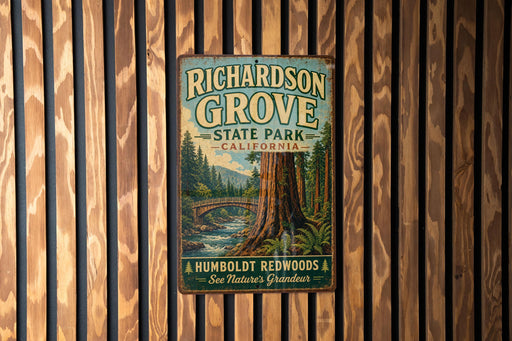 A vintage metal sign for Richardson Grove State Park in California, featuring a scenic illustration of a forest with a bridge and a river.