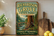 A vintage-style sign for Humboldt Redwoods State Park in California, featuring a scenic illustration of a large sequoia tree and a bridge over a river.