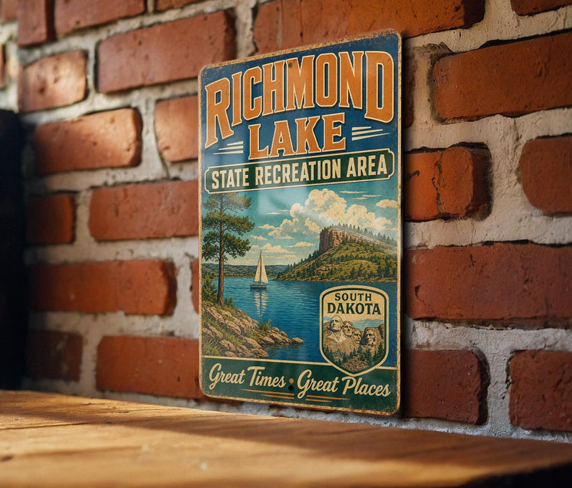 A vintage-style metal sign for the "Richmond Lake State Recreation Area" in South Dakota, featuring a scenic landscape with a lake, mountains, and a sailboat.