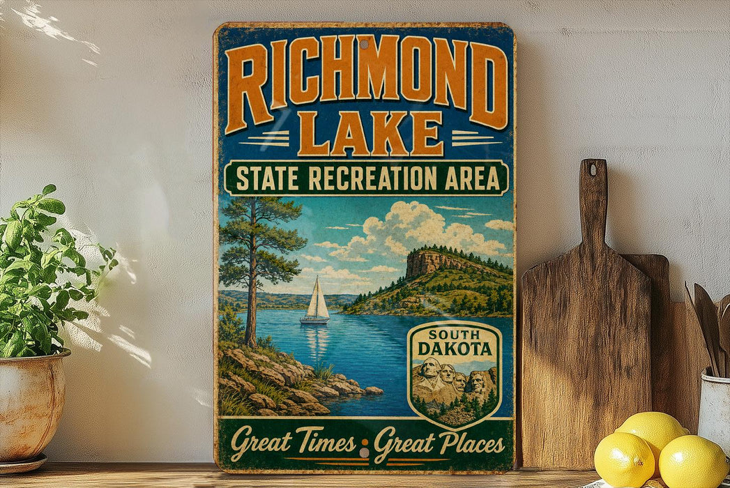 A vintage-style sign for Richmond Lake, the State Recreation Area, with a scenic illustration of a lake, mountains, and a sailboat.