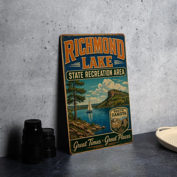 A vintage-style sign for Richmond Lake, the State Recreation Area in South Dakota, featuring a scenic illustration of the lake and surrounding landscape.