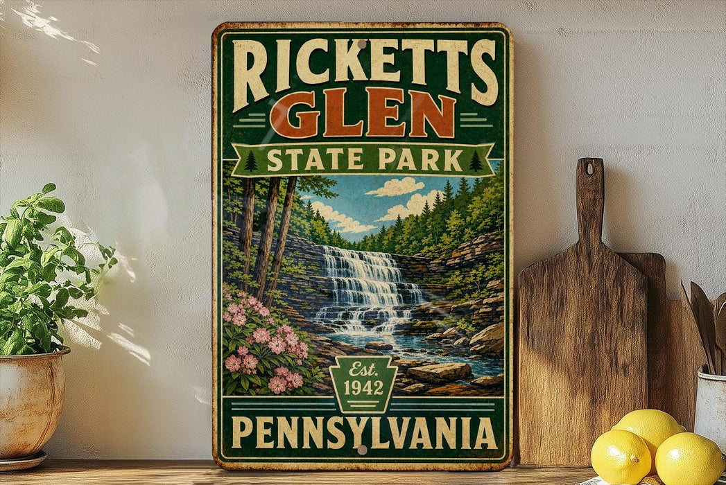 A vintage-style sign for Ricketts Glen State Park in Pennsylvania, featuring a scenic image of a waterfall surrounded by trees and flowers.