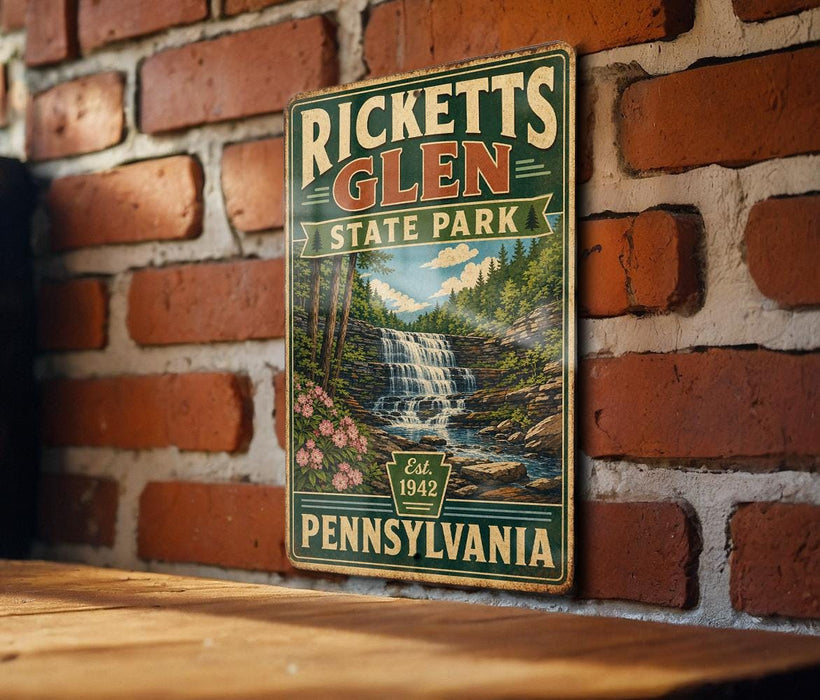 A vintage-style metal sign for Ricketts Glen State Park in Pennsylvania, featuring a scenic illustration of a waterfall and forest.