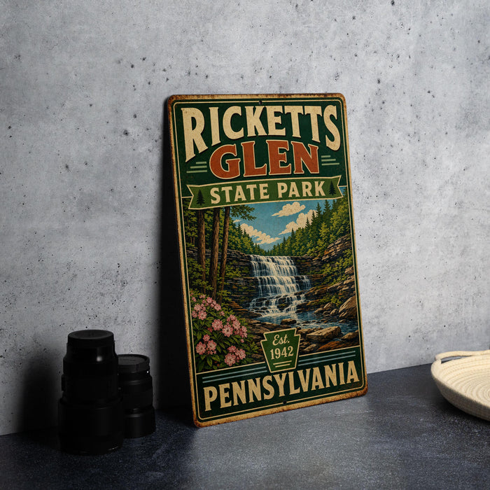 A vintage-style metal sign for Ricketts Glen State Park in Pennsylvania, featuring a waterfall and forest scenery.