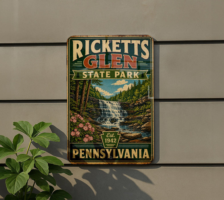A vintage-style metal sign for Ricketts Glen State Park in Pennsylvania, featuring a waterfall and forest scenery.