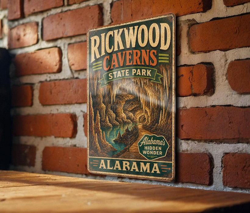 A vintage-style metal sign for Rickwood Caves State Park in Alabama, featuring an illustration of the cave system and the text "Rickwood Caves State Park Alabama".