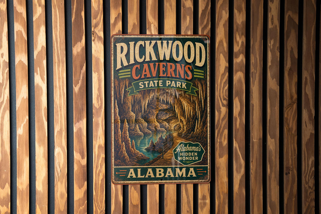 A vintage metal sign for Rickwood Caves State Park in Alabama, featuring an illustration of the cave system.
