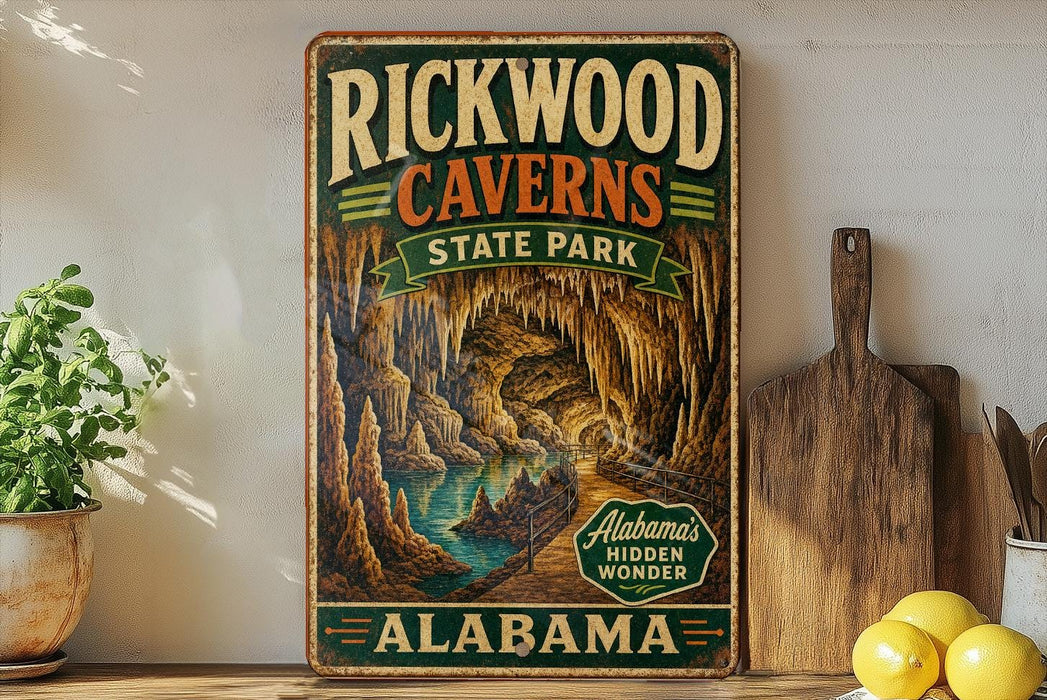 A vintage-style sign for Rickwood Caves State Park in Alabama, featuring an illustration of the cave system and the park's name.