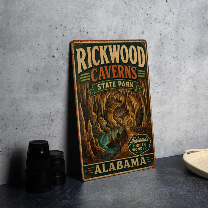 A vintage-style sign for Rickwood Caves State Park in Alabama, featuring an illustration of the cave system.