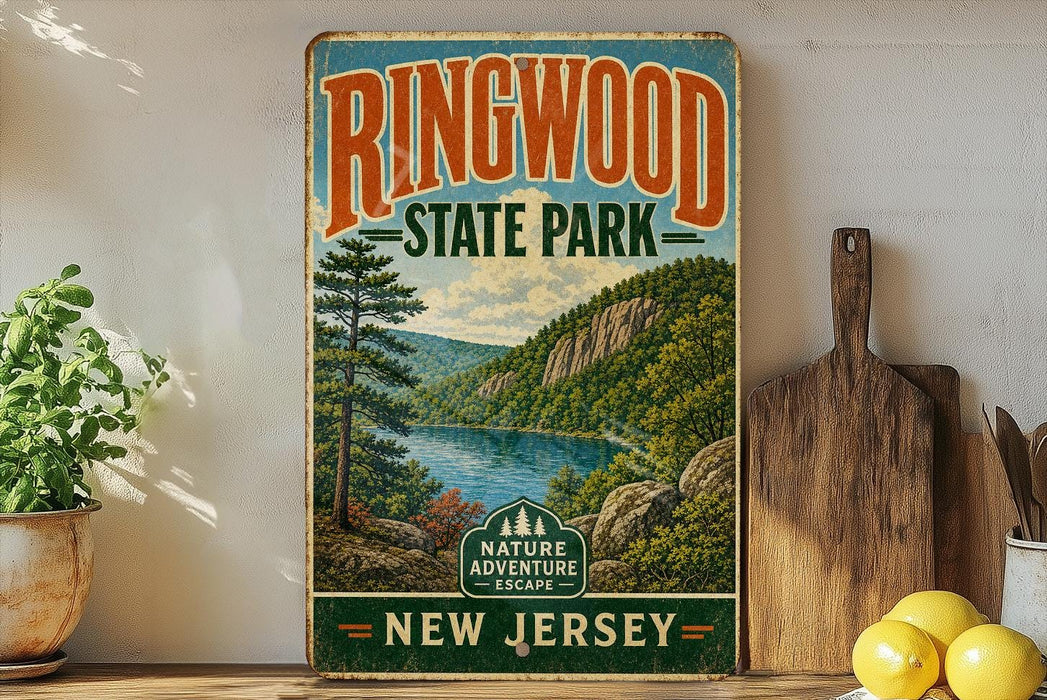 A vintage-style sign for Ringwood State Park, featuring a scenic landscape with a lake and mountains, is displayed on a shelf next to a wooden cutting board and some potted plants.