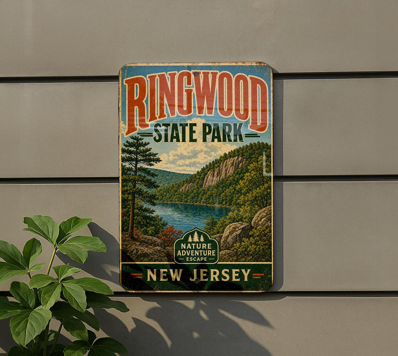 A vintage-style sign for Ringwood State Park in New Jersey, featuring a scenic landscape with a lake and mountains.