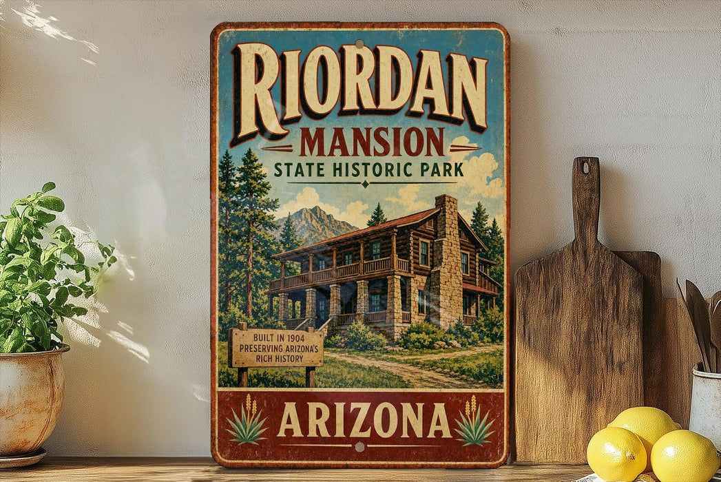 A vintage-style sign for Riordan Mansion State Historic Park in Arizona, featuring a cabin surrounded by trees and mountains.