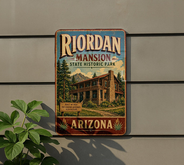 A vintage-style sign for Riordan Mansion State Historic Park in Arizona, featuring a wooden cabin surrounded by trees and mountains.