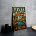 A vintage-style sign for River Island State Park in Arizona, featuring a scenic landscape with palm trees, mountains, and a bird.