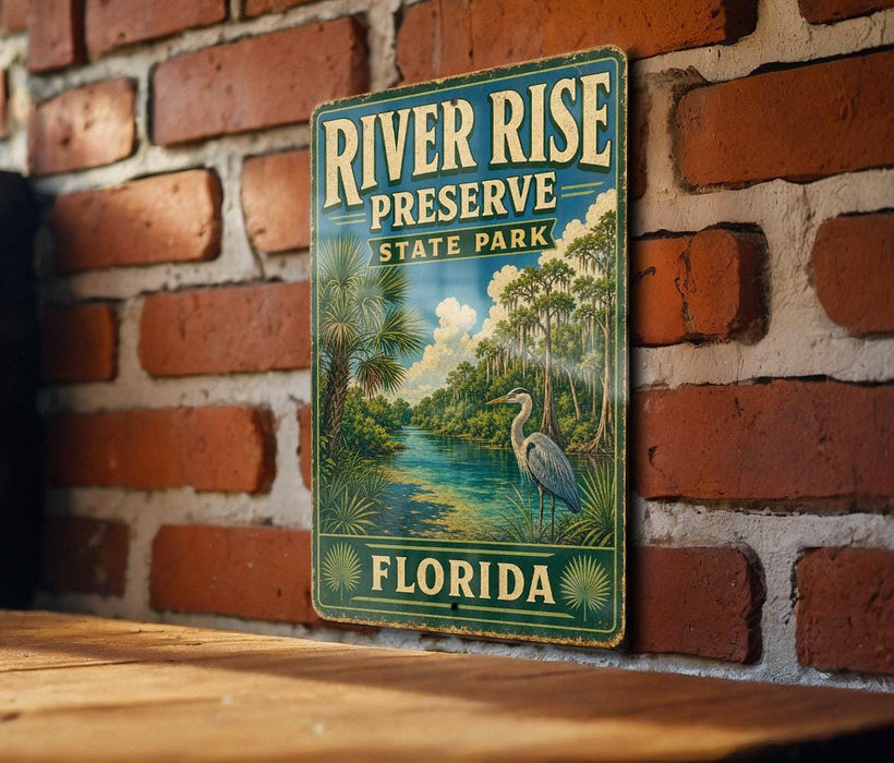 A vintage-style metal sign for River Rise Preserve, Florida, featuring a scenic illustration of a river surrounded by palm trees and a heron.