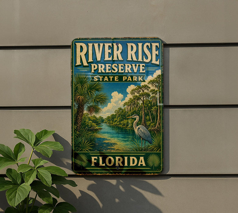 A vintage-style sign for River Rise Preserve State Park in Florida, featuring a serene landscape with palm trees, a river, and a crane.