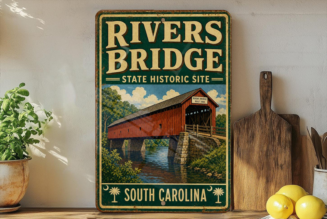 A vintage-style sign for the "Rivers Bridge" in South Carolina, featuring an illustration of a covered bridge over a river.