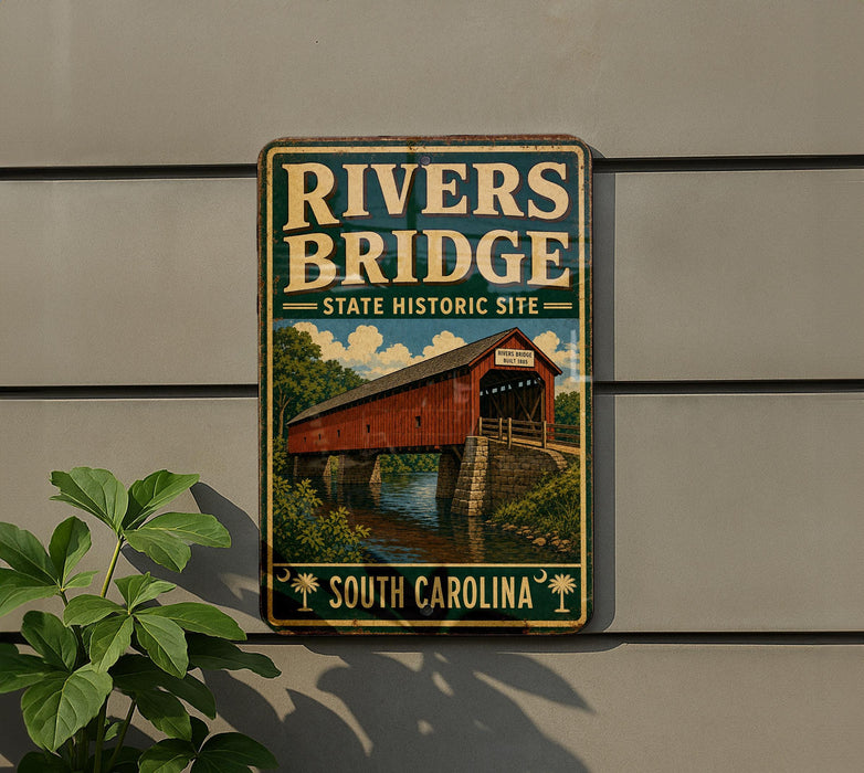A vintage-style metal sign for the Rivers Bridge, a historic site in South Carolina, featuring a wooden covered bridge over a river.