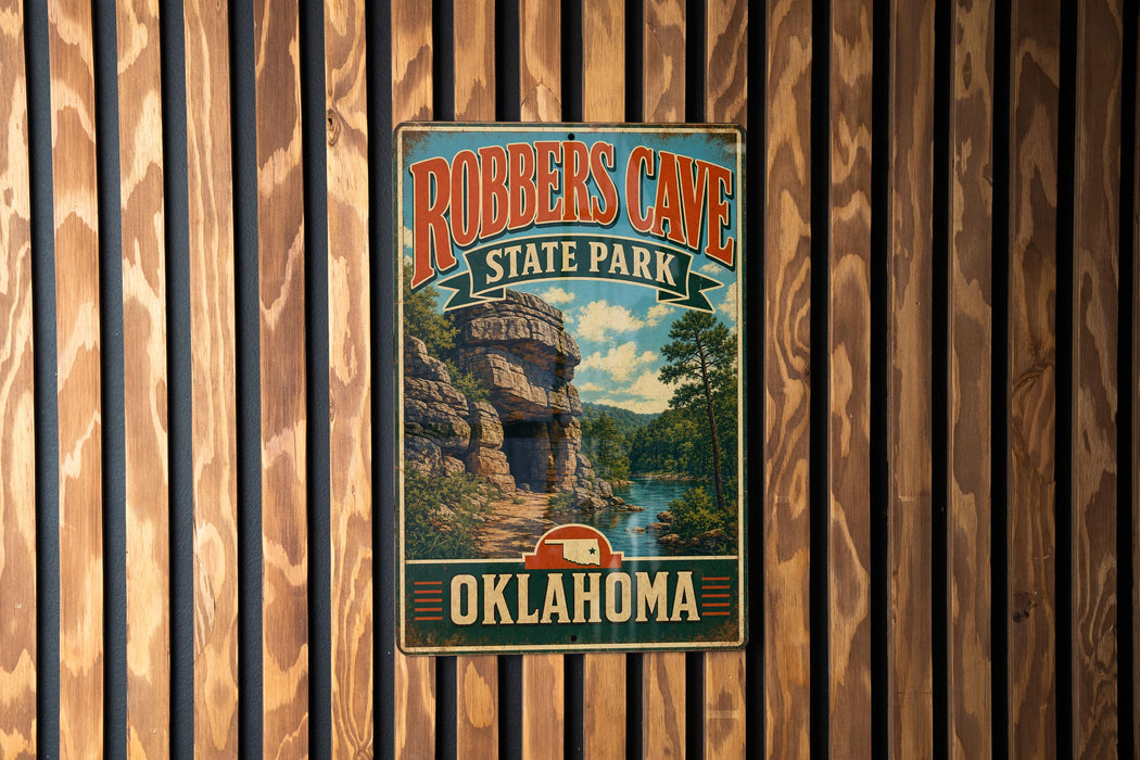 A vintage-style metal sign for Robbers Cave State Park in Oklahoma, featuring a scenic image of the park's natural landscape.