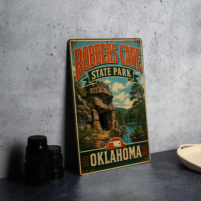 A vintage-style metal sign for Robbers Cave State Park in Oklahoma, featuring a scenic image of the cave and surrounding landscape.