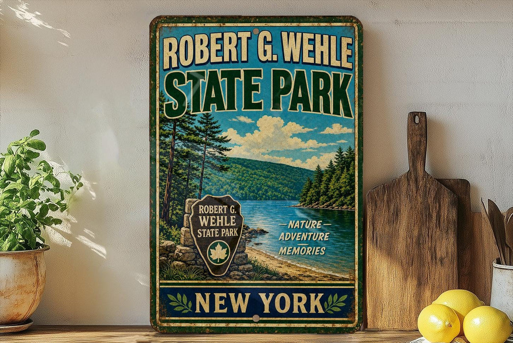 A vintage-style metal sign for Robert G. Wehle State Park, featuring a scenic landscape with pine trees, a lake, and mountains.