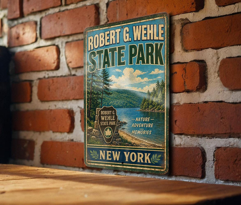 A vintage-style metal sign for Robert G. Wehle State Park, featuring a scenic landscape with pine trees, a lake, and mountains.