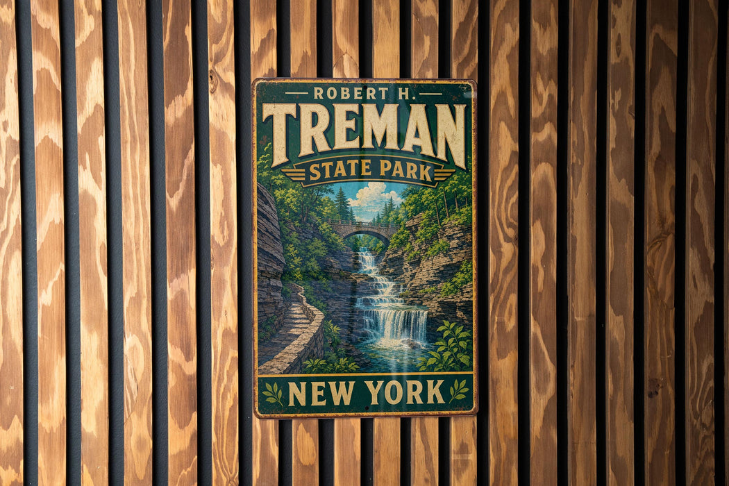 A vintage-style metal sign for Robert H. Treman State Park in New York, featuring a scenic image of a waterfall surrounded by lush greenery.