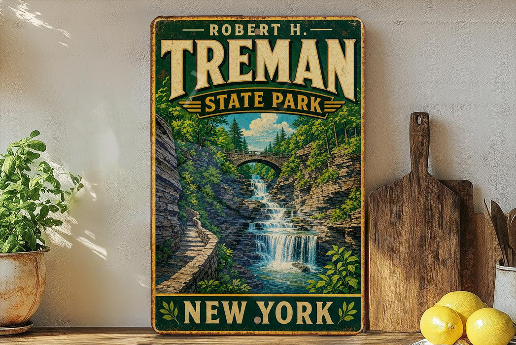 A vintage-style sign for Robert H. Treman State Park in New York, featuring a scenic image of a waterfall surrounded by lush greenery.