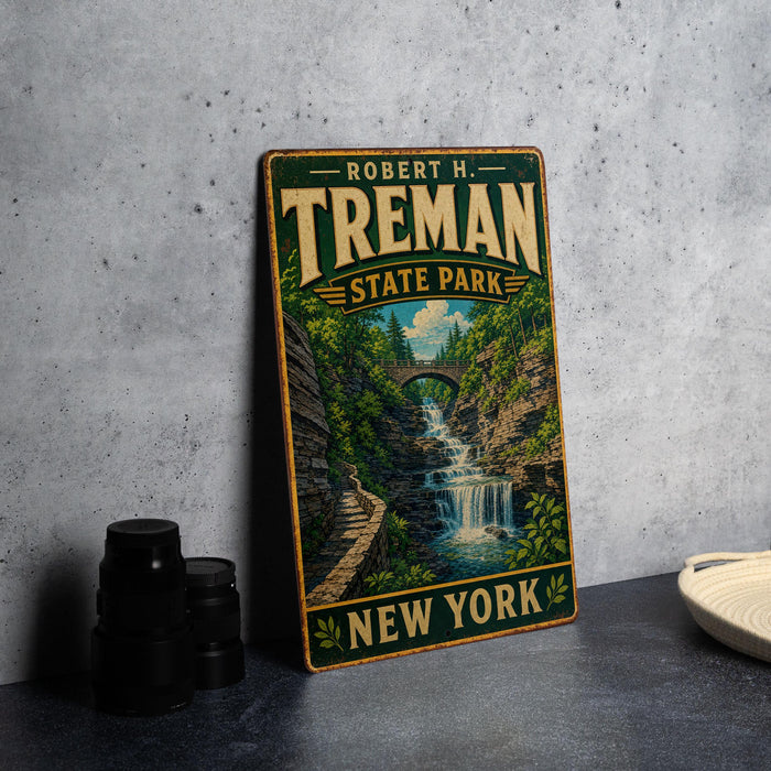 A vintage-style metal sign for Robert H. Treman State Park in New York, featuring a scenic image of a waterfall surrounded by lush greenery.