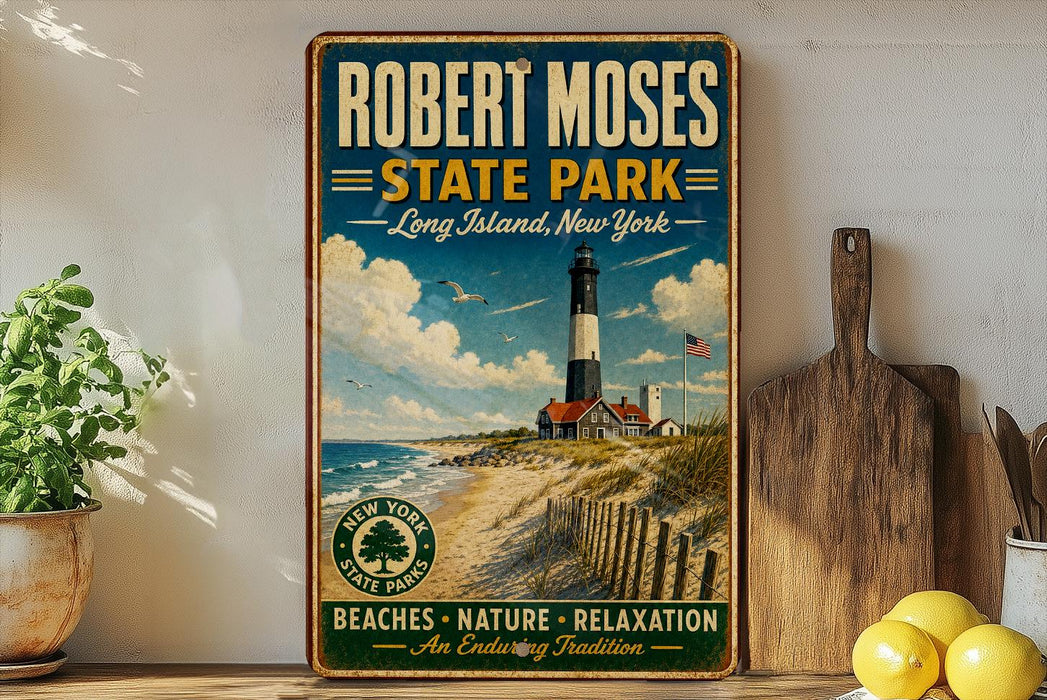 A vintage-style sign for Robert Moses State Park in Long Island, New York, featuring a lighthouse and beach scene.