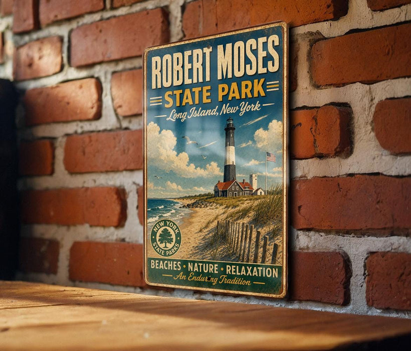 A vintage-style metal sign for Robert Moses State Park in Long Island, New York, featuring a lighthouse and beach scene.