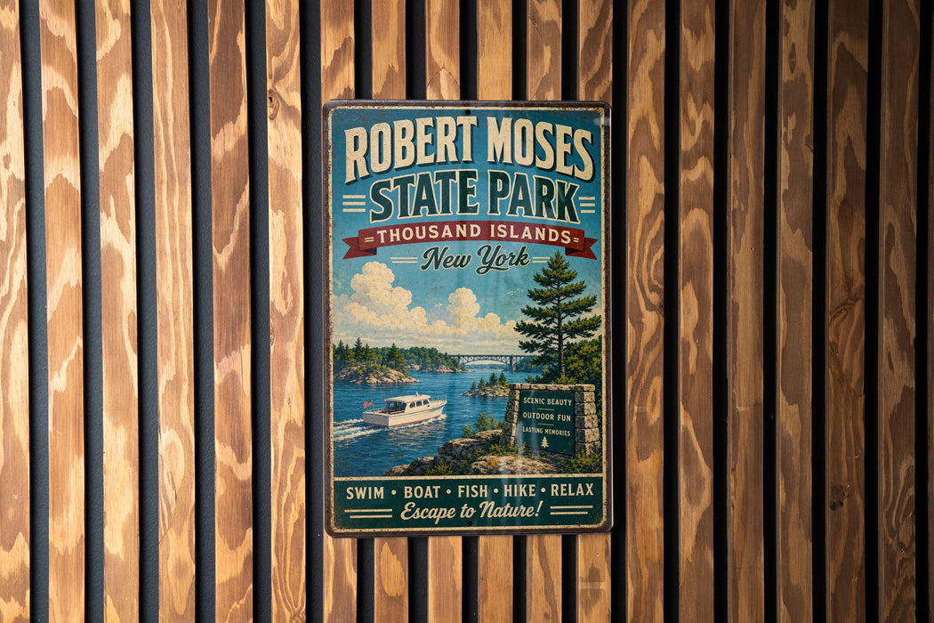 A vintage-style metal sign for Robert Moses State Park, featuring a scenic image of the park and its surrounding nature.