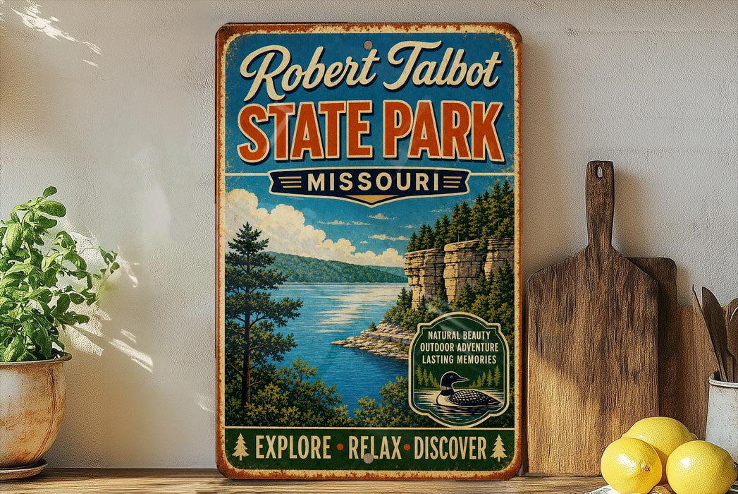 A vintage-style metal sign for Robert Talbot State Park in Missouri, featuring a scenic landscape with a lake, mountains, and pine trees.