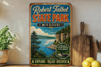 A vintage-style metal sign for Robert Talbot State Park in Missouri, featuring a scenic landscape with a lake, mountains, and pine trees.