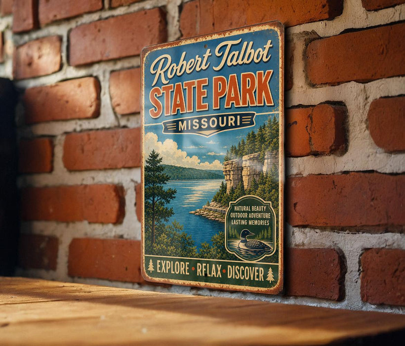 A vintage-style metal sign for Robert Talbot State Park in Missouri, featuring a scenic landscape with a lake, mountains, and trees.