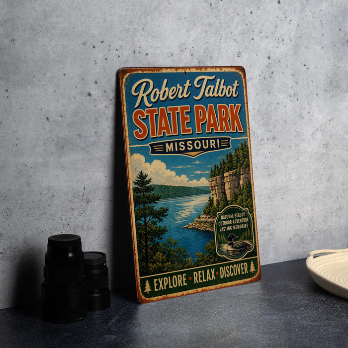 A vintage-style metal sign for Robert Talbot State Park in Missouri, featuring a scenic landscape with a lake and mountains.
