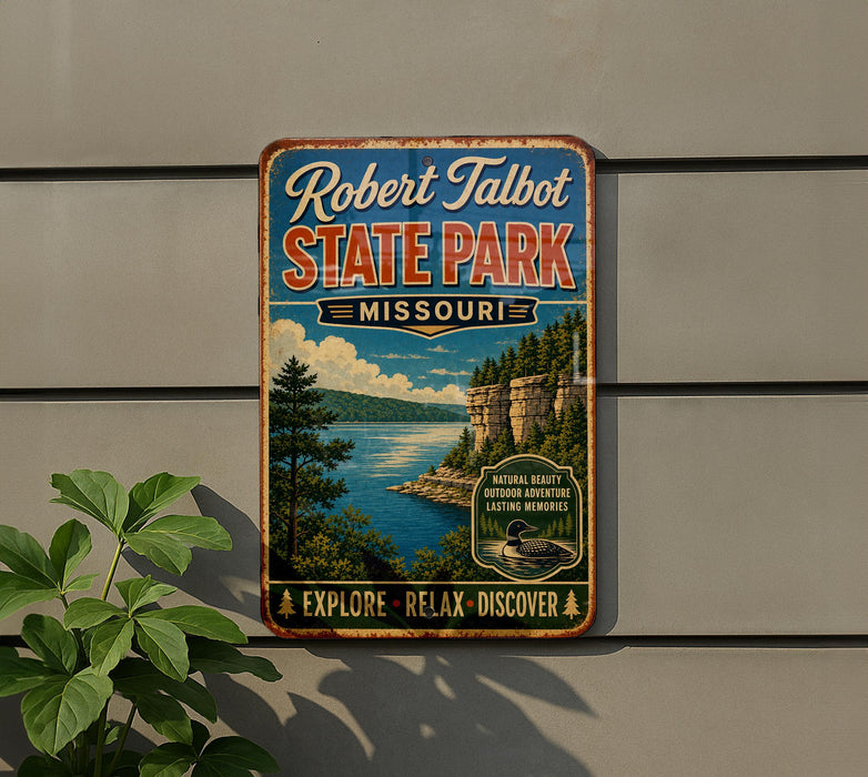 A vintage-style metal sign for Robert Talbot State Park in Missouri, featuring a scenic landscape with a lake, mountains, and trees.