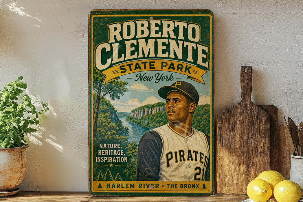 A vintage-style poster featuring a baseball player, likely Roberto Clemente, with a scenic landscape in the background.