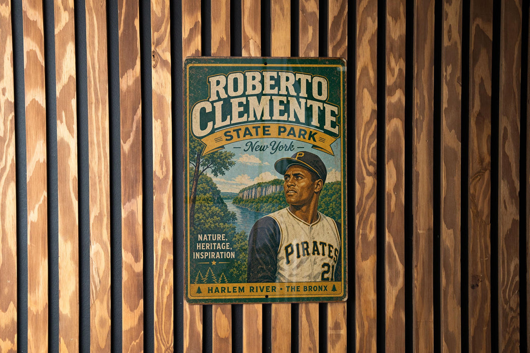 A vintage poster featuring a baseball player, likely Roberto Clemente, with a scenic background of a river and a park.