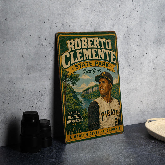 A vintage-style poster featuring a baseball player, likely from the Pirates, with a scenic background of a river and trees.