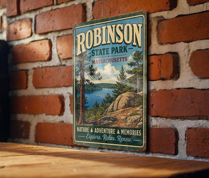 A vintage metal sign for Robinson State Park in Massachusetts, featuring a scenic landscape with pine trees, a lake, and mountains.