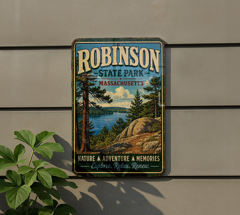A vintage-style metal sign for Robinson State Park in Massachusetts, featuring a scenic landscape with pine trees, a lake, and mountains.