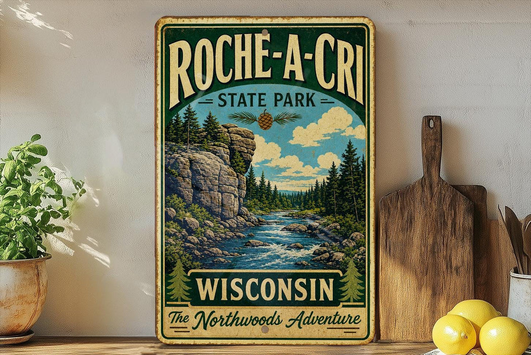 a vintage-style metal sign for Roche-A-CRI State Park in Wisconsin, with a scenic illustration of a river and forest landscape.