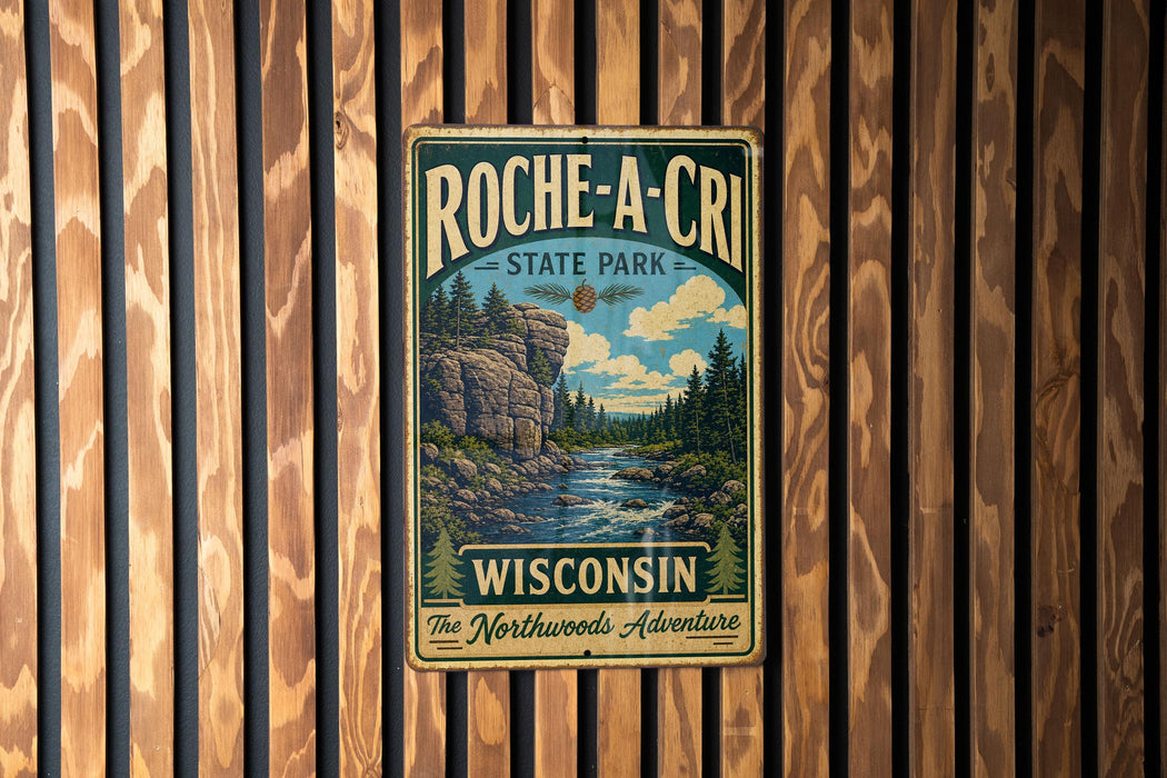 A vintage-style metal sign for Roche-A-CRI State Park in Wisconsin, featuring a scenic landscape with a river and pine trees.