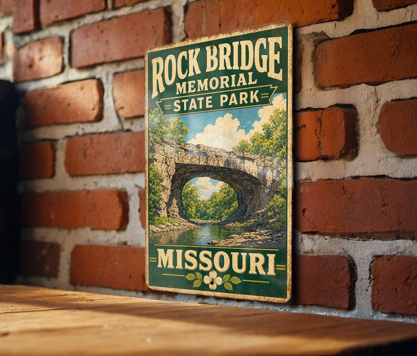 A vintage-style metal sign for Rock Bridge Memorial State Park in Missouri, featuring an illustration of the bridge and surrounding landscape.