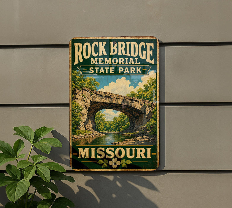 A vintage-style metal sign for Rock Bridge Memorial State Park in Missouri, featuring a scenic image of the bridge surrounded by trees and a river.
