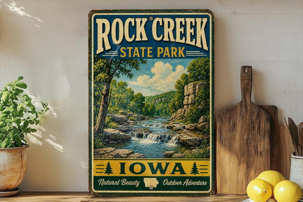 A vintage-style sign for Rock Creek State Park in Iowa, featuring a scenic landscape with a waterfall and lush greenery.
