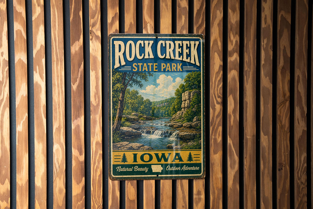A vintage-style metal sign for Rock Creek State Park in Iowa, featuring a scenic landscape with a waterfall and forest.