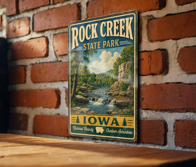 A vintage-style metal sign for Rock Creek State Park in Iowa, featuring a scenic landscape with a waterfall and trees.